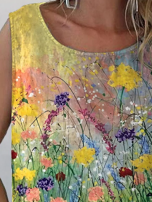 Damen Ärmellos Tanktop Oberteile Leibchen Sommer Geblümt Print Rundhals Täglich Lässig Oberteile