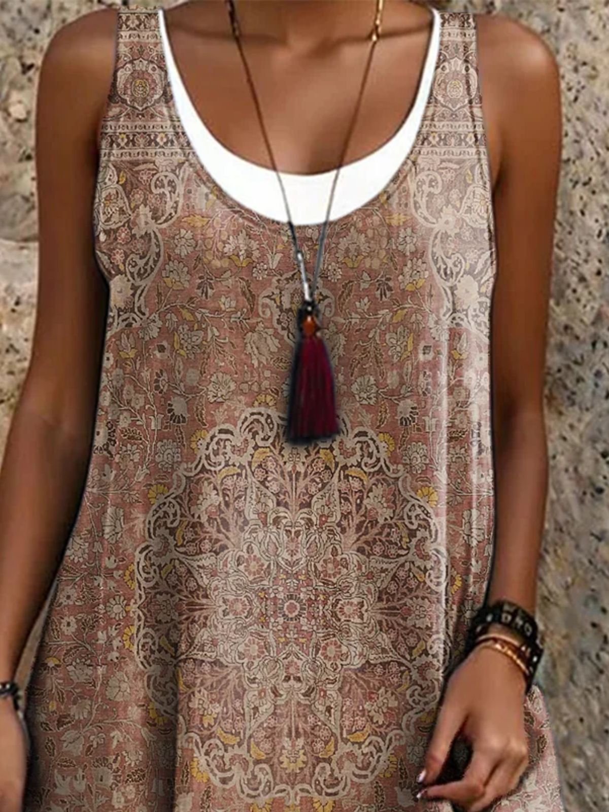 Damen Ethnisch Ärmellos Sommer Kleid Rundhals Täglich Lässig Midi A-Linien-Kleid