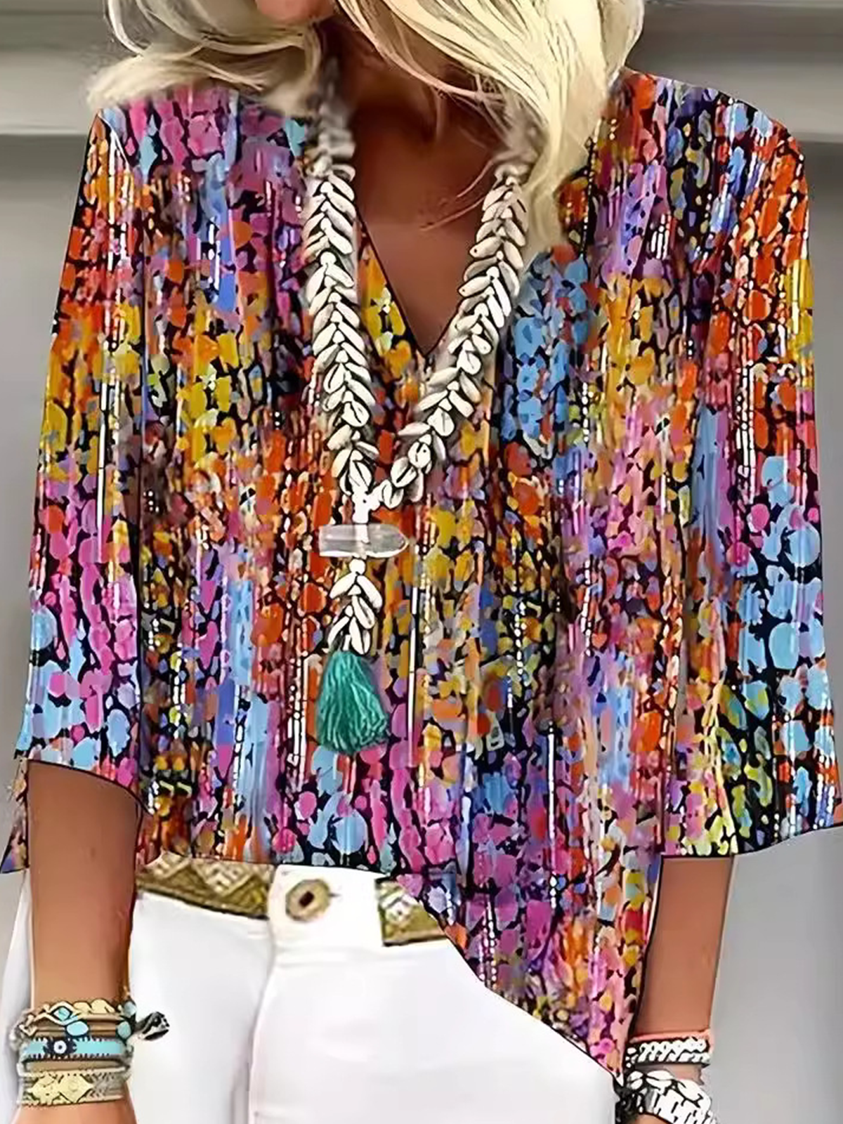 Damen Geometrisch Halbarm Bluse Sommer Schalkragen Täglich Lässig Oberteile