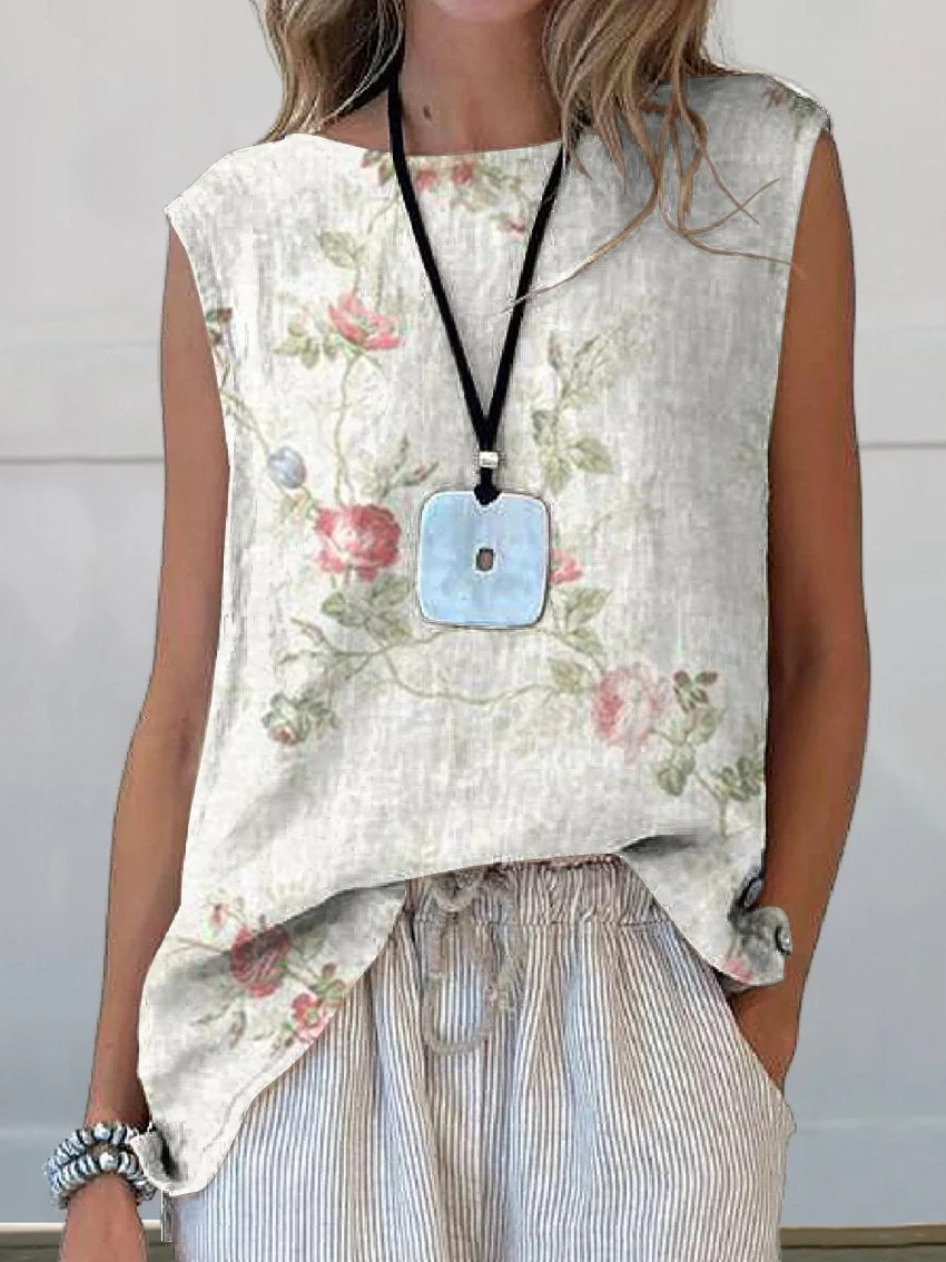 Damen Ärmellos Tanktop Oberteile Leibchen Sommer Geblümt Print Rundhals Täglich Lässig Oberteile