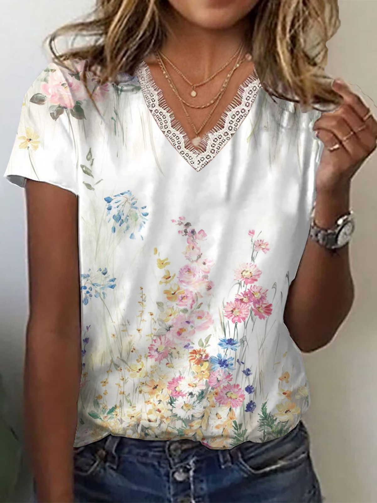 Damen Geblümt Kurzarm T-Shirts T-Shirt V-Ausschnitt Print Lässig Sommer T-Shirt mit Grafik Oberteile