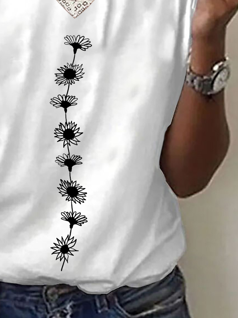 Damen Geblümt Kurzarm T-Shirts T-Shirt V-Ausschnitt Print Lässig Sommer T-Shirt mit Grafik Oberteile