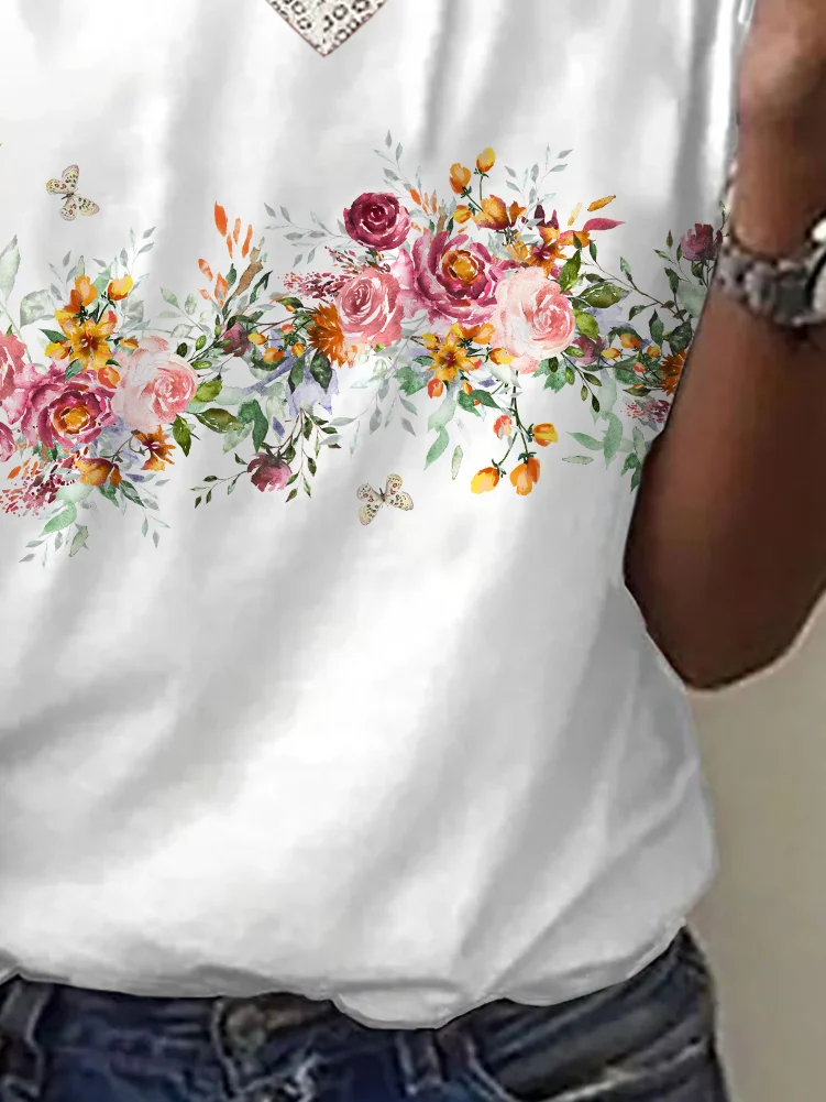 Damen Geblümt Kurzarm T-Shirts T-Shirt V-Ausschnitt Print Lässig Sommer T-Shirt mit Grafik Oberteile