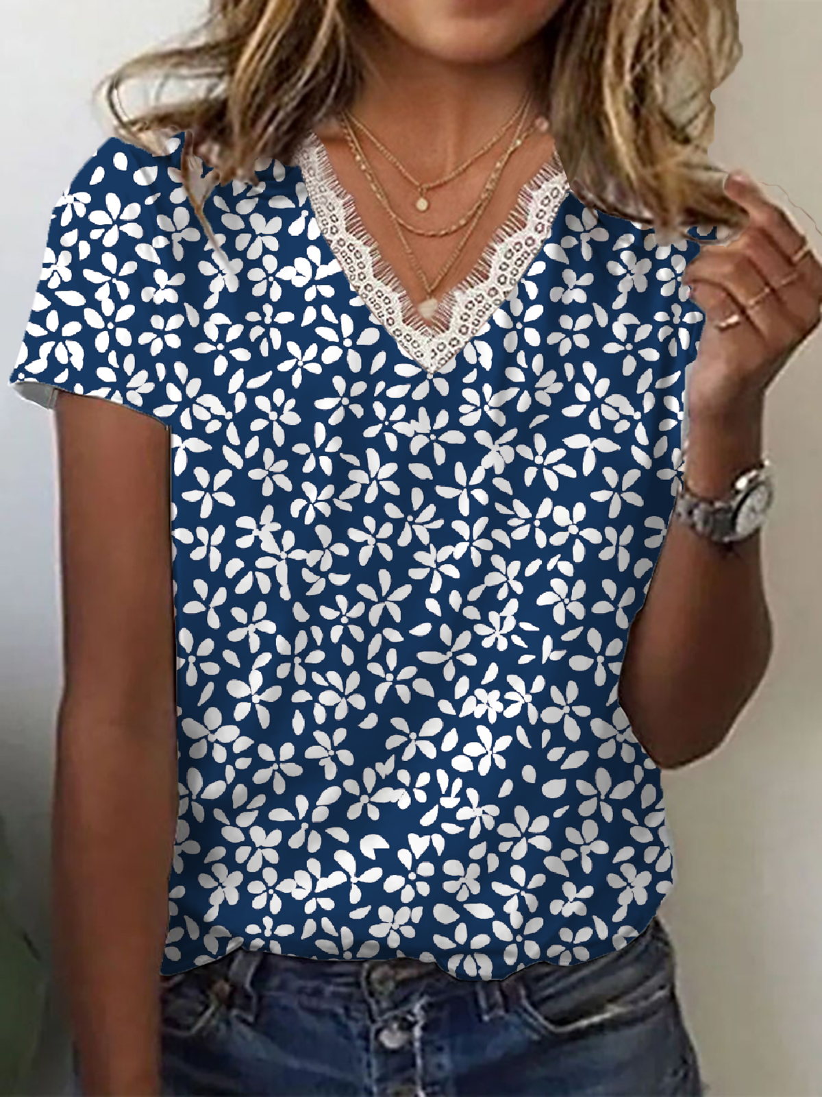 Damen Geblümt Kurzarm T-Shirts T-Shirt V-Ausschnitt Print Lässig Sommer T-Shirt mit Grafik Oberteile