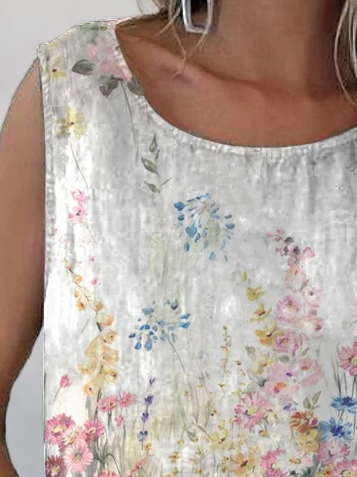 Damen Ärmellos Tanktop Oberteile Leibchen Sommer Geblümt Print Rundhals Täglich Lässig Oberteile