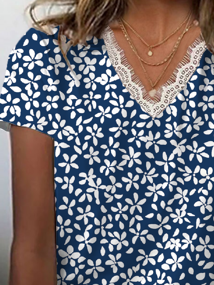 Damen Geblümt Kurzarm T-Shirts T-Shirt V-Ausschnitt Print Lässig Sommer T-Shirt mit Grafik Oberteile