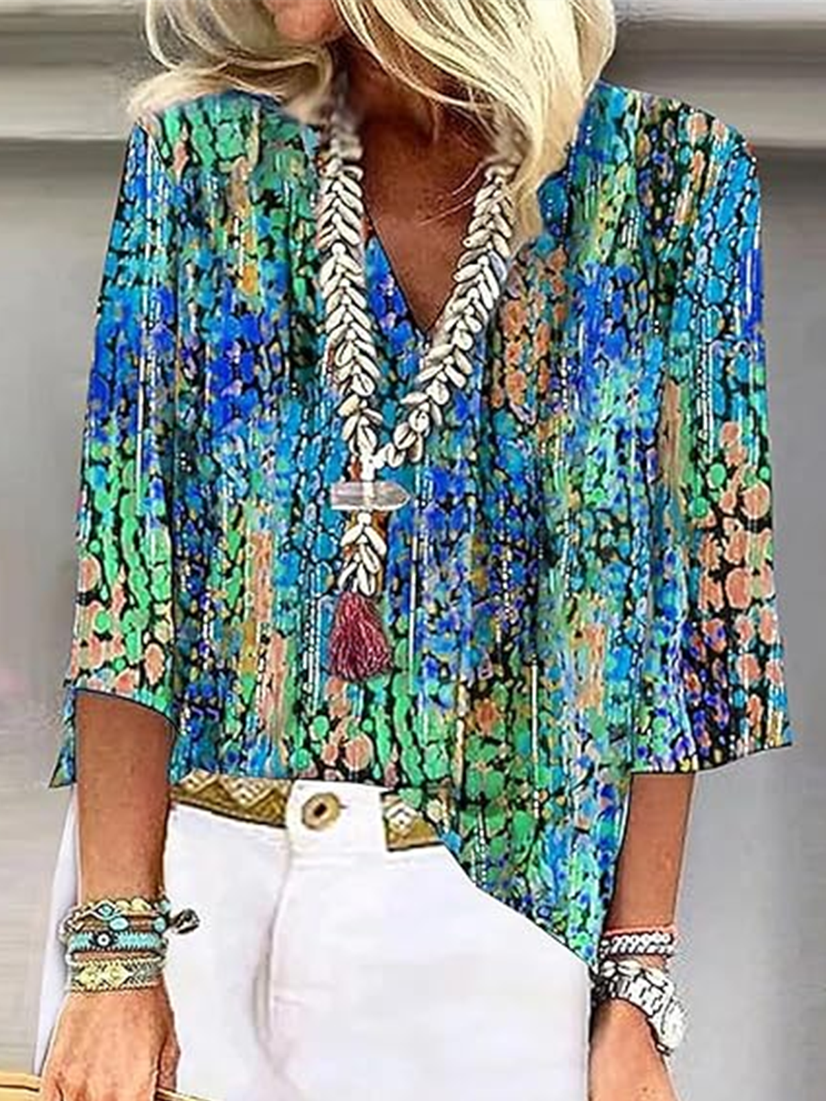 Damen Geometrisch Halbarm Bluse Sommer Schalkragen Täglich Lässig Oberteile