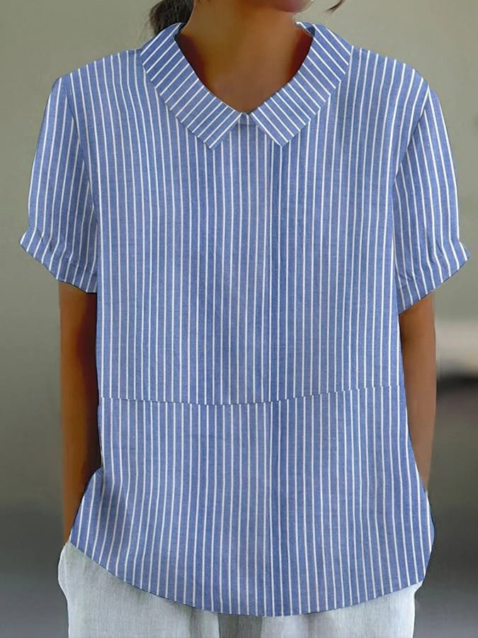 Damen Gestreift Kurzarm Bluse Sommer Print Schalkragen Täglich Lässig Oberteile