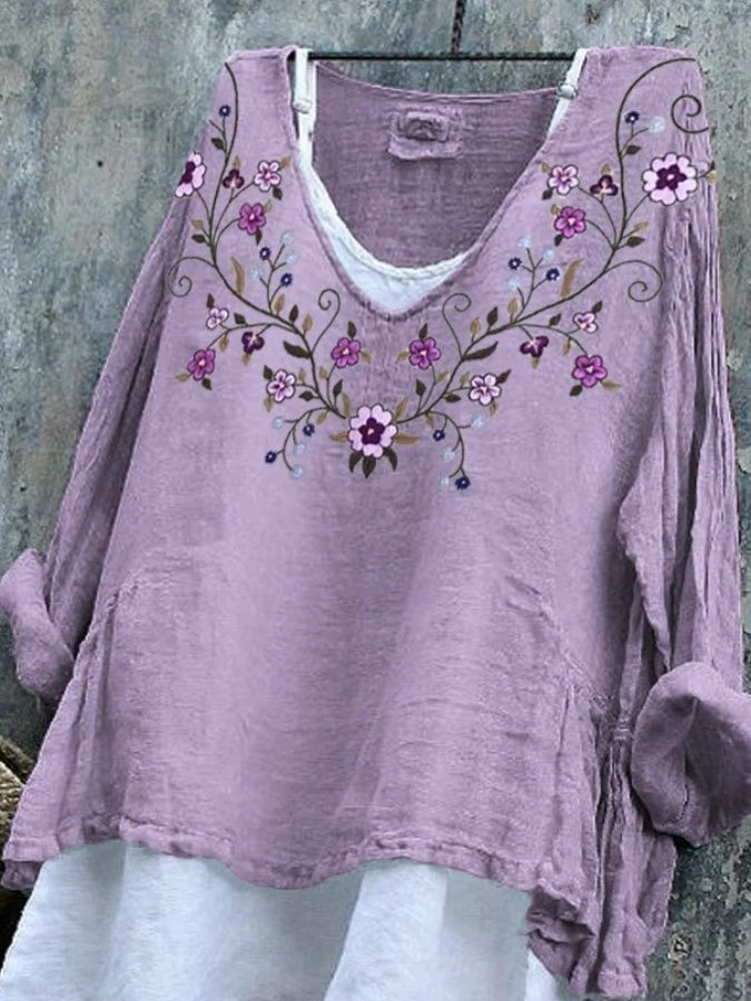 Damen Geblümt Langarm T-Shirts T-Shirt V-Ausschnitt Retro Frühling/Herbst Oberteile