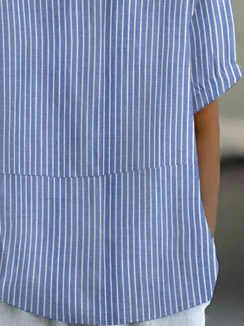 Damen Gestreift Kurzarm Bluse Sommer Print Schalkragen Täglich Lässig Oberteile