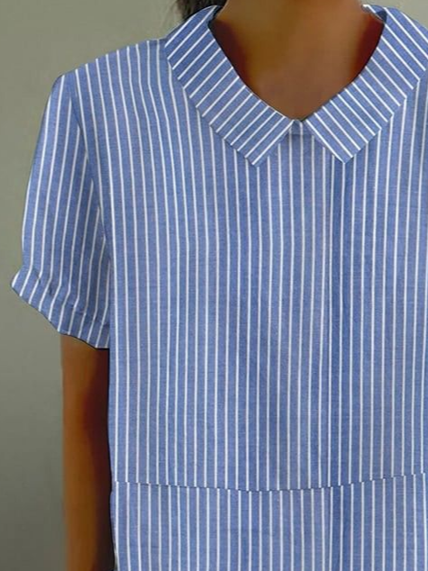Damen Gestreift Kurzarm Bluse Sommer Print Schalkragen Täglich Lässig Oberteile