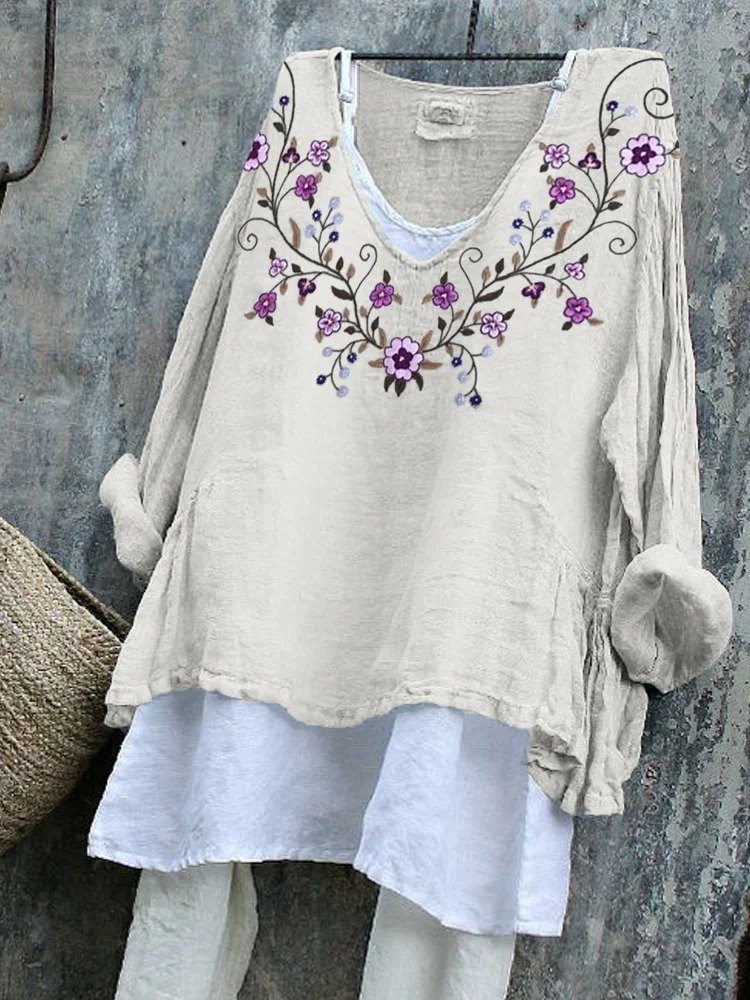 Damen Geblümt Langarm T-Shirts T-Shirt V-Ausschnitt Retro Frühling/Herbst Oberteile