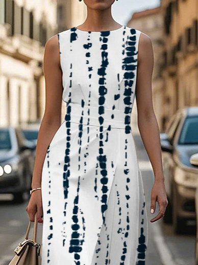 Damen Gestreift Ärmellos Sommer Print Kleid Rundhals Täglich Retro Maxikleid Etuikleid H-Linie Kleid