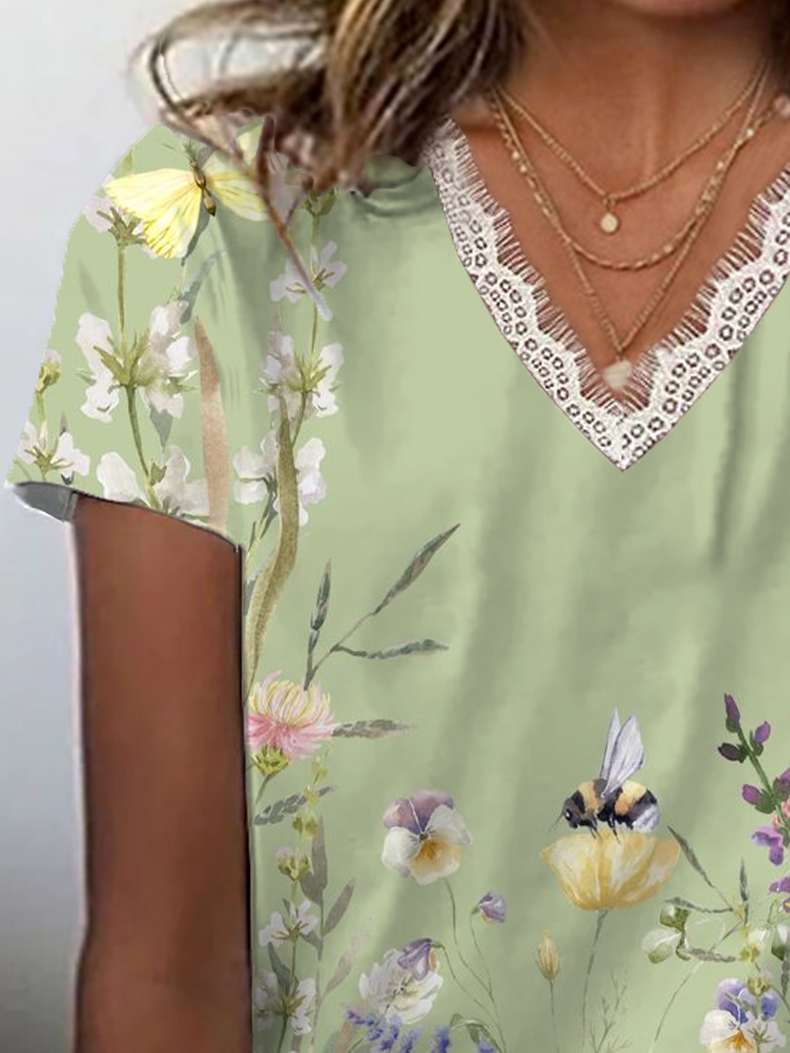 Damen Geblümt Kurzarm T-Shirts T-Shirt V-Ausschnitt Print Lässig Sommer T-Shirt mit Grafik Oberteile