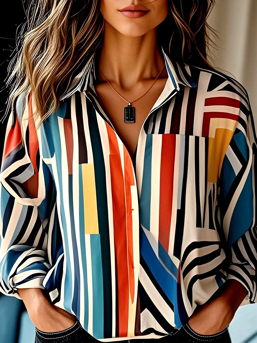 Damen Geometrisch Langarm Bluse Frühling/Herbst Hemdkragen Täglich Lässig Oberteile