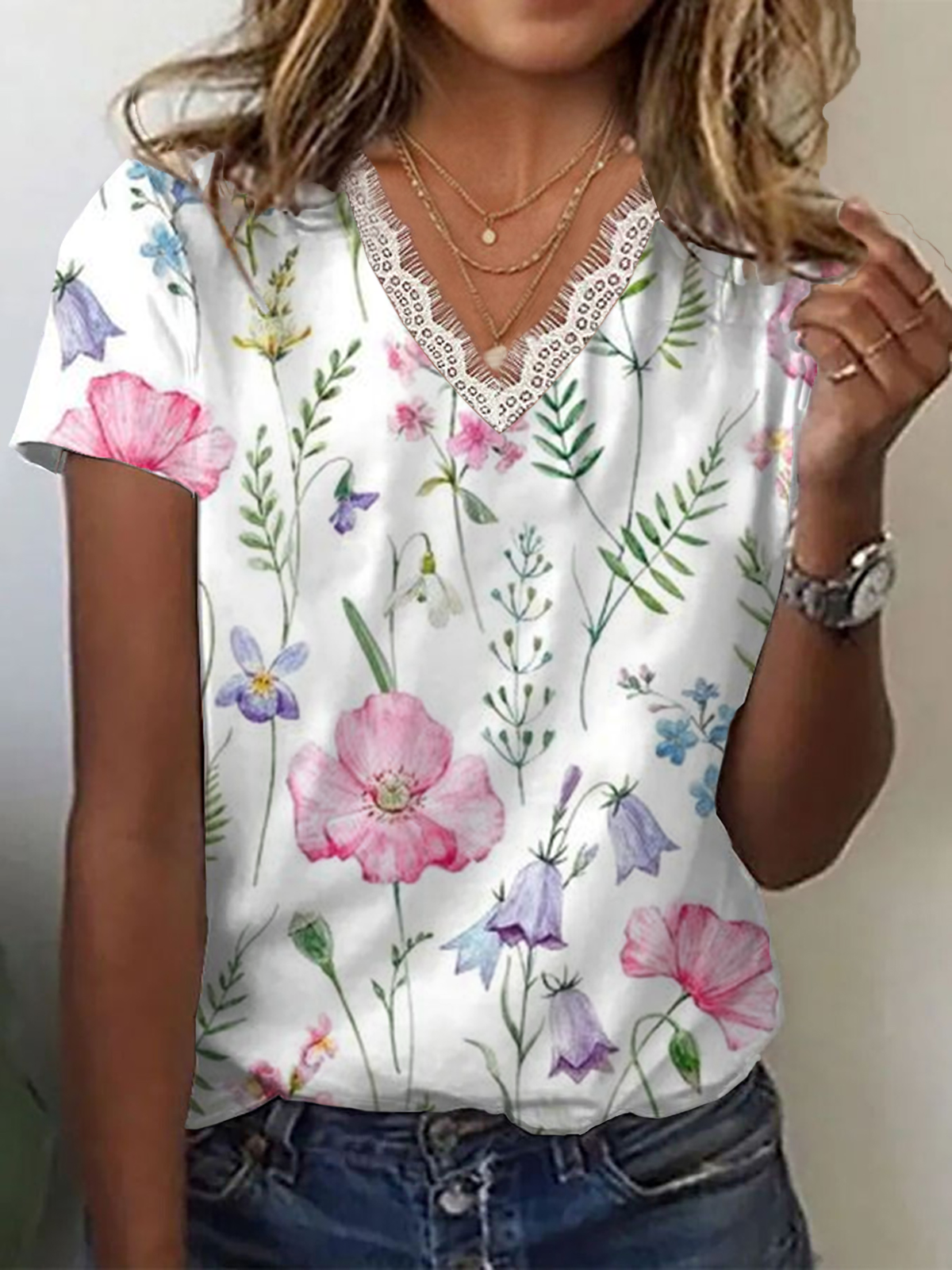 Damen Geblümt Kurzarm T-Shirts T-Shirt V-Ausschnitt Print Lässig Sommer T-Shirt mit Grafik Oberteile