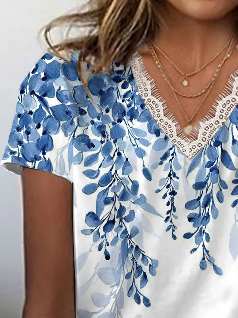 Damen Geblümt Kurzarm T-Shirts T-Shirt V-Ausschnitt Print Lässig Sommer T-Shirt mit Grafik Oberteile