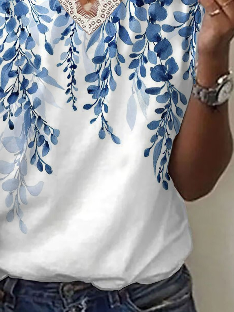 Damen Geblümt Kurzarm T-Shirts T-Shirt V-Ausschnitt Print Lässig Sommer T-Shirt mit Grafik Oberteile