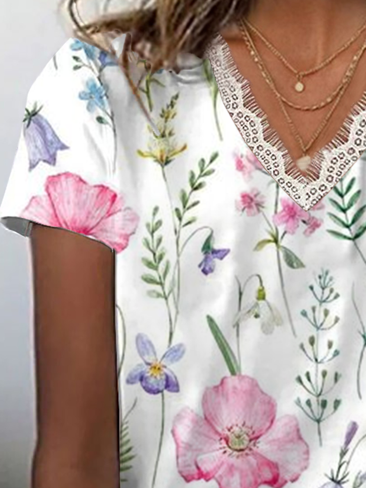 Damen Geblümt Kurzarm T-Shirts T-Shirt V-Ausschnitt Print Lässig Sommer T-Shirt mit Grafik Oberteile