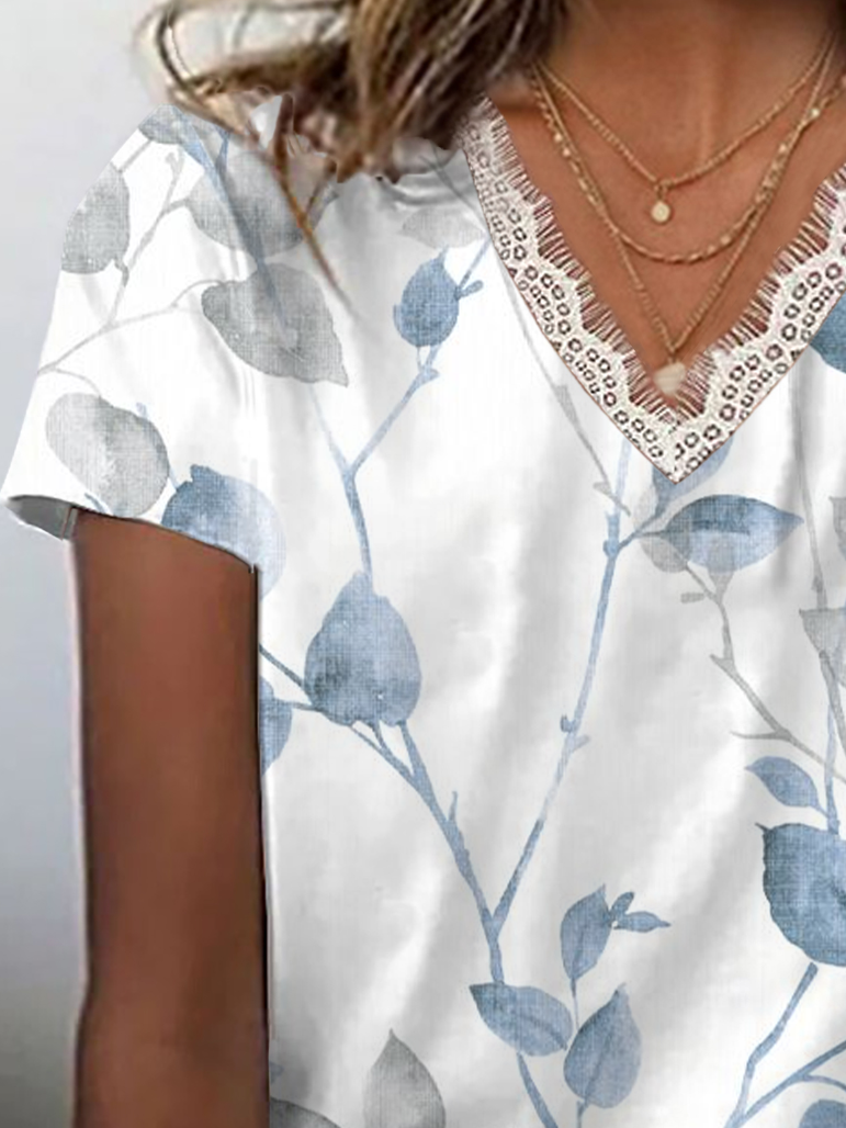 Damen Geblümt Kurzarm T-Shirts T-Shirt V-Ausschnitt Print Lässig Sommer T-Shirt mit Grafik Oberteile