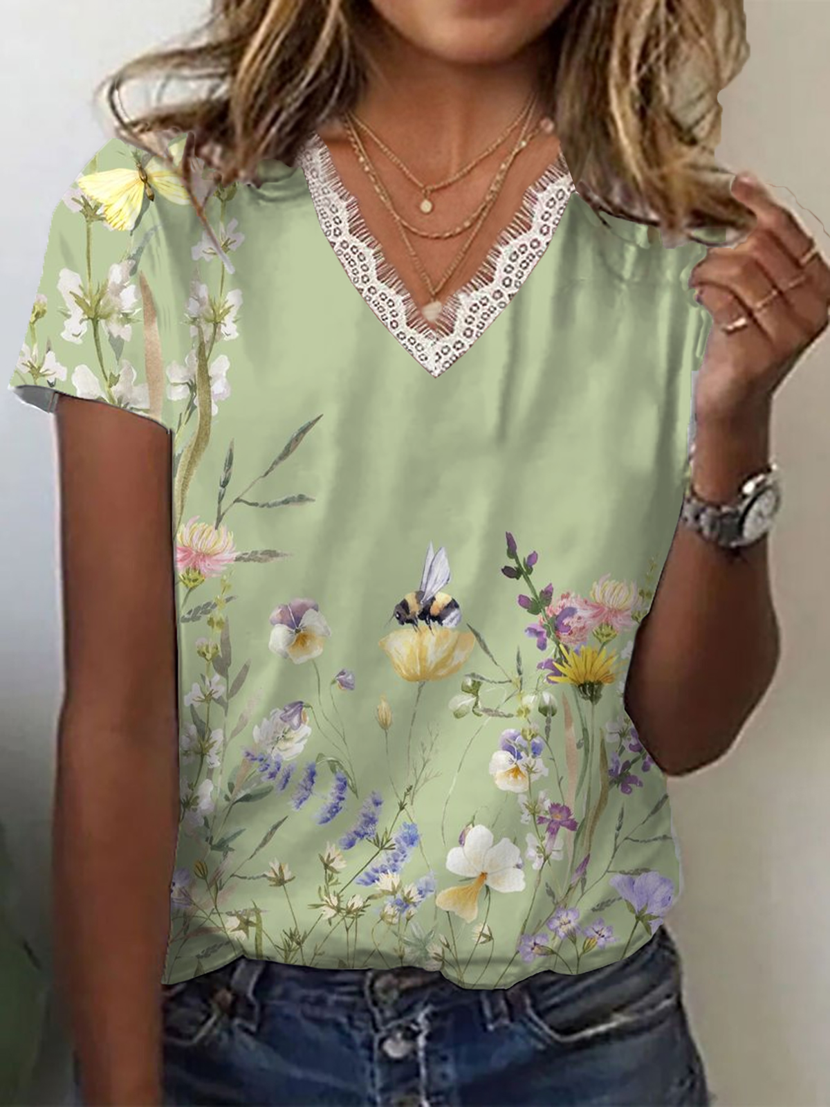 Damen Geblümt Kurzarm T-Shirts T-Shirt V-Ausschnitt Print Lässig Sommer T-Shirt mit Grafik Oberteile