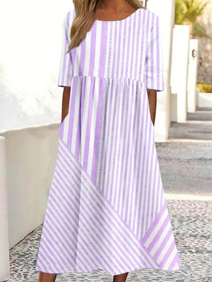 Damen Gestreift Halbarm Sommer Kleid Rundhals Täglich Lässig Maxikleid Blusenkleid A-Linien-Kleid