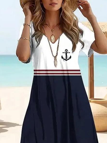 Damen Anker Kurzarm Sommer Print Kleid V-Ausschnitt Täglich Lässig Maxikleid X-Linie Kleid