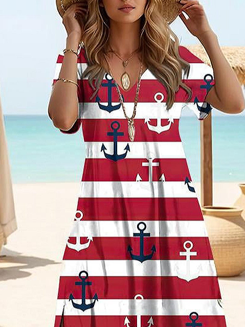 Damen Gestreift Kurzarm Sommer Print Kleid V-Ausschnitt Täglich Lässig Maxikleid X-Linie Kleid