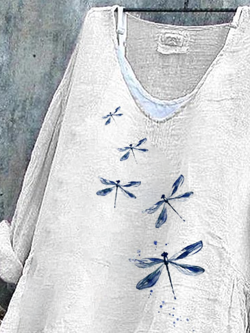 Damen Libelle Langarm Bluse Frühling/Herbst Print V-Ausschnitt Täglich Lässig Oberteile