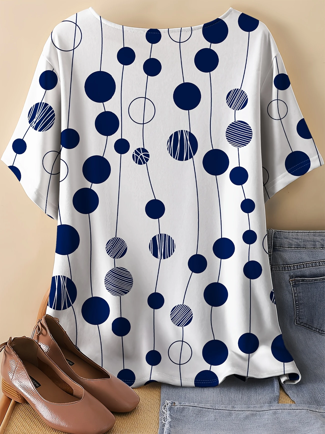 Damen Polka Dots Dreiviertelärmel T-Shirts T-Shirt Rundhals Retro Frühling/Herbst Oberteile