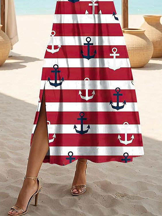 Damen Gestreift Kurzarm Sommer Print Kleid V-Ausschnitt Täglich Lässig Maxikleid X-Linie Kleid