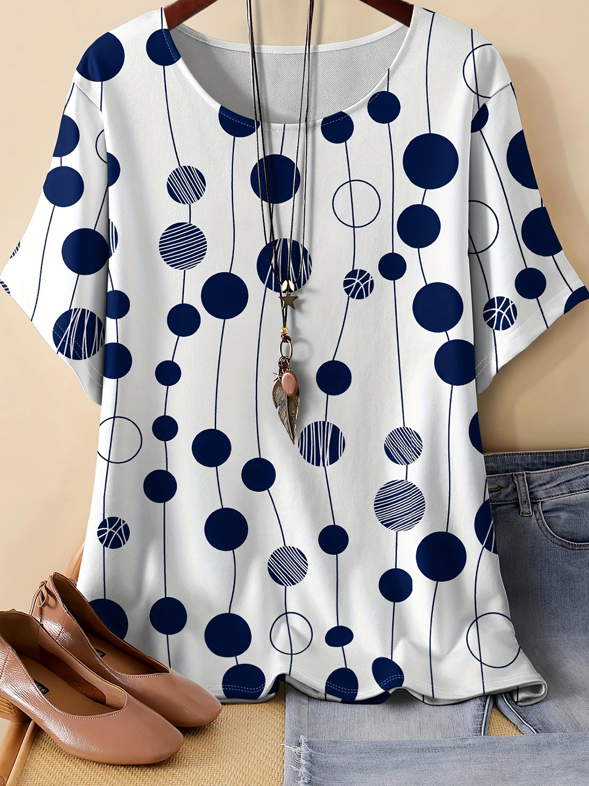 Damen Polka Dots Dreiviertelärmel T-Shirts T-Shirt Rundhals Retro Frühling/Herbst Oberteile
