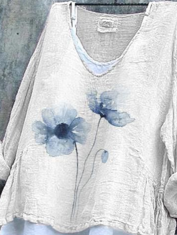 Damen Geblümt Langarm Bluse Frühling/Herbst Print V-Ausschnitt Täglich Lässig Oberteile