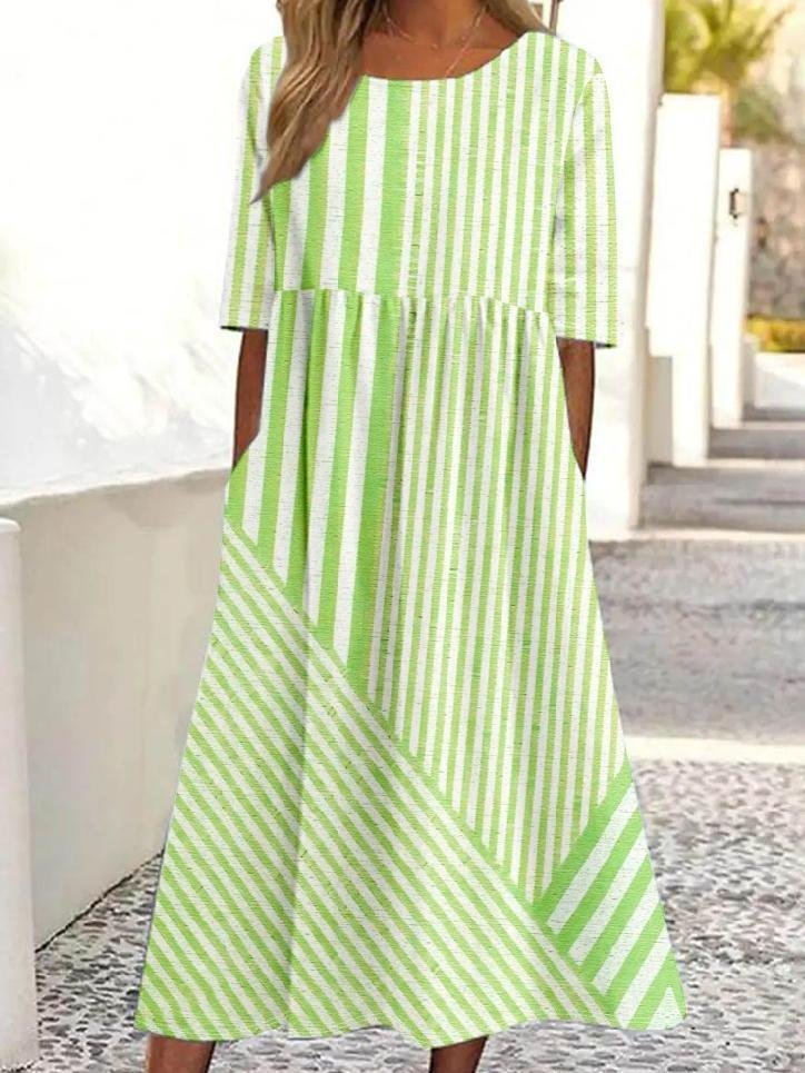 Damen Gestreift Halbarm Sommer Kleid Rundhals Täglich Lässig Maxikleid Blusenkleid A-Linien-Kleid