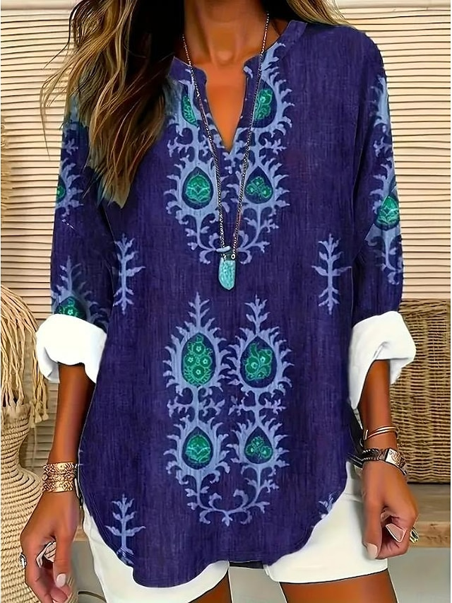 Damen Ethnisch Geometrie Halbarm Bluse Sommer Schalkragen Täglich Lässig Oberteile
