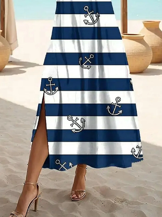 Damen Gestreift Kurzarm Sommer Print Kleid V-Ausschnitt Täglich Lässig Maxikleid X-Linie Kleid