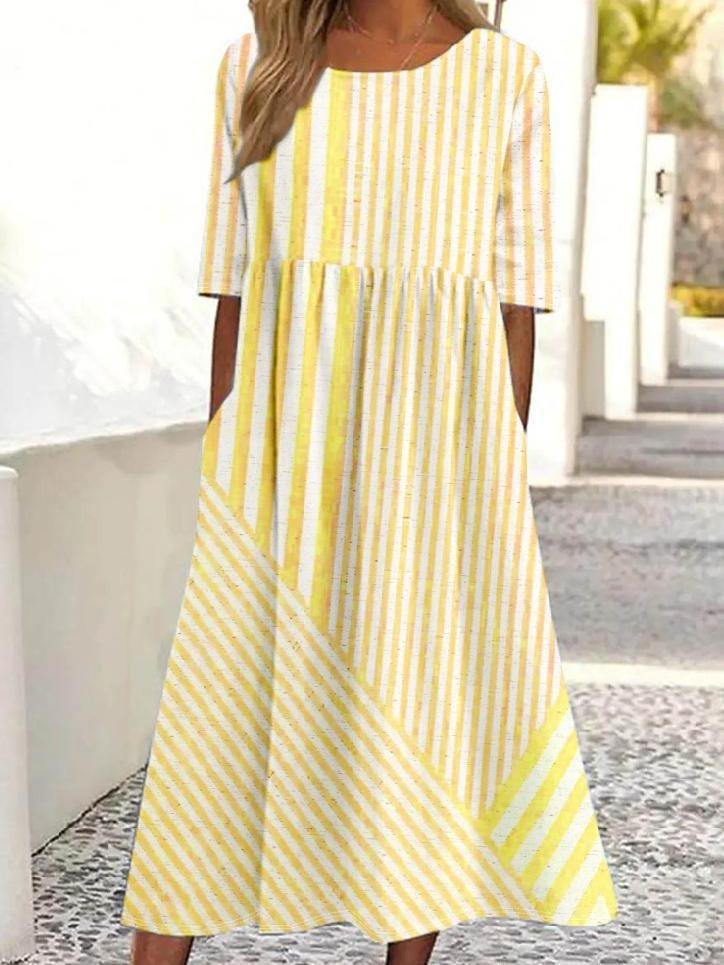 Damen Gestreift Halbarm Sommer Kleid Rundhals Täglich Lässig Maxikleid Blusenkleid A-Linien-Kleid