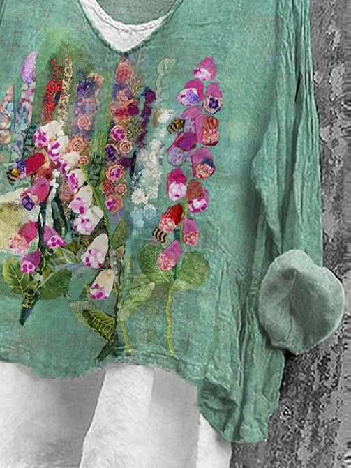 Damen Geblümt Langarm Bluse Frühling/Herbst Print V-Ausschnitt Täglich Lässig Oberteile
