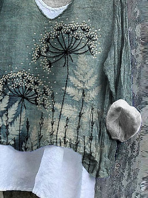 Damen Geblümt Langarm Bluse Frühling/Herbst Print V-Ausschnitt Täglich Lässig Oberteile