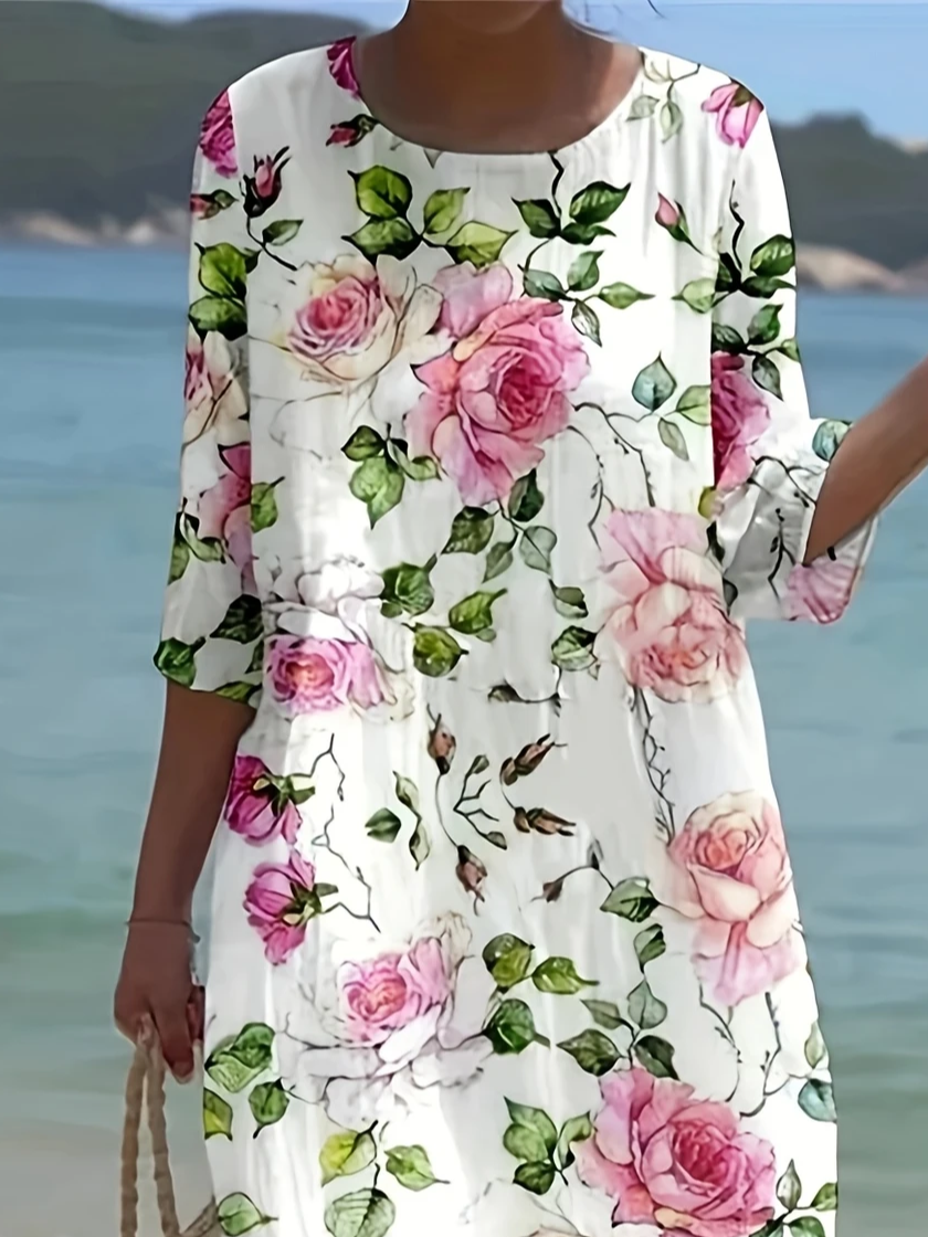 Damen Geblümt Halbarm Sommer Print Kleid Rundhals Täglich Lässig Maxikleid H-Linie Kleid