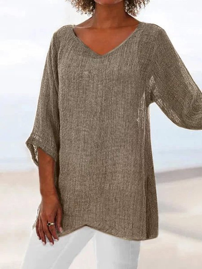 Damen Unifarben Kurzarm Bluse Sommer V-Ausschnitt Urlaub Lässig Oberteile