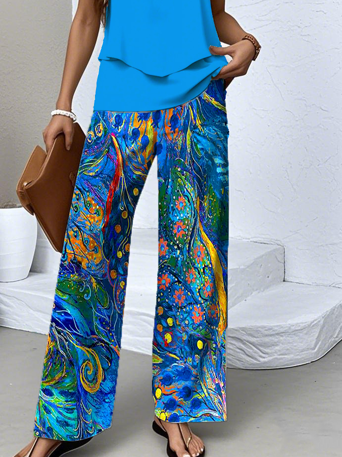 Damen Psychedelisch Kunst Zweiteiliges Set Täglich Ärmellos Lässig Sommer Bluse mit Hose Matching Set