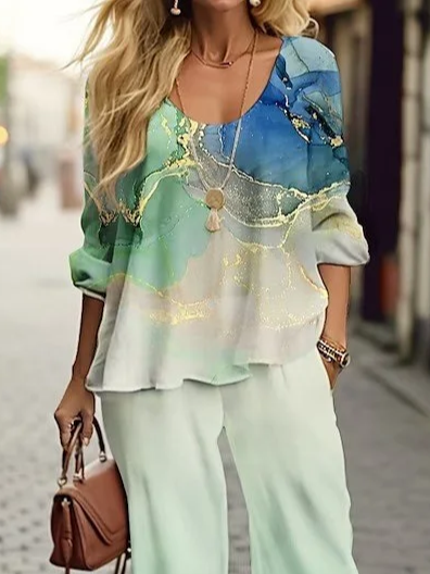 Damen Abstrakt Print Zweiteiliges Set Täglich Langarm Lässig Frühling/Herbst Bluse mit Hose Matching Set