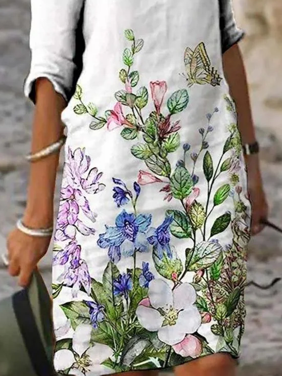 Damen Geblümt Halbarm Sommer Print Kleid V-Ausschnitt Täglich Lässig Mini Etuikleid H-Linie Kleid