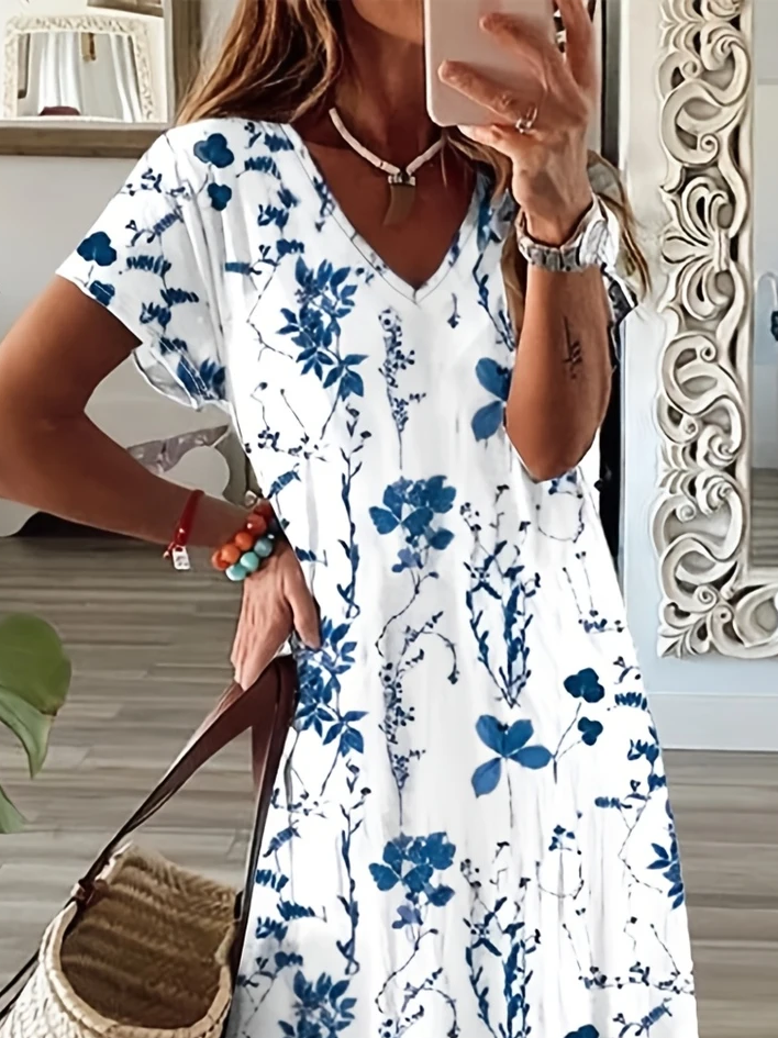 Damen Geblümt Kurzarm Sommer Print Kleid V-Ausschnitt Täglich Lässig Maxikleid T-Shirt-Kleid X-Linie Kleid