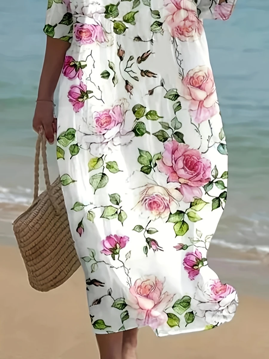 Damen Geblümt Halbarm Sommer Print Kleid Rundhals Täglich Lässig Maxikleid H-Linie Kleid