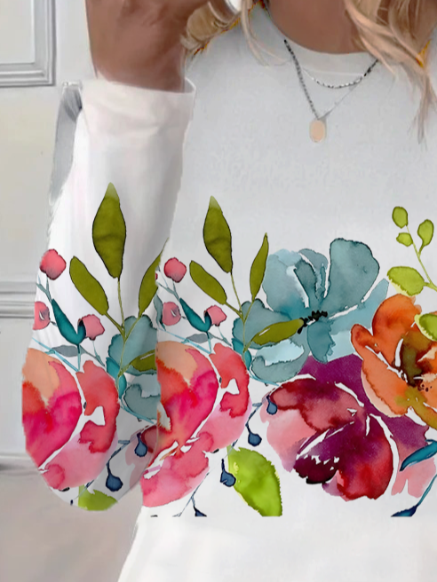 Damen Geblümt Langarm T-Shirts T-Shirt Rundhals Print Lässig Frühling/Herbst T-Shirt mit Grafik Oberteile