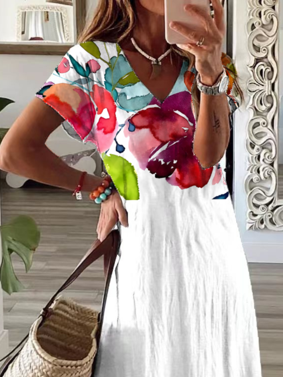 Damen Geblümt Kurzarm Sommer Print Kleid V-Ausschnitt Täglich Lässig Maxikleid T-Shirt-Kleid X-Linie Kleid