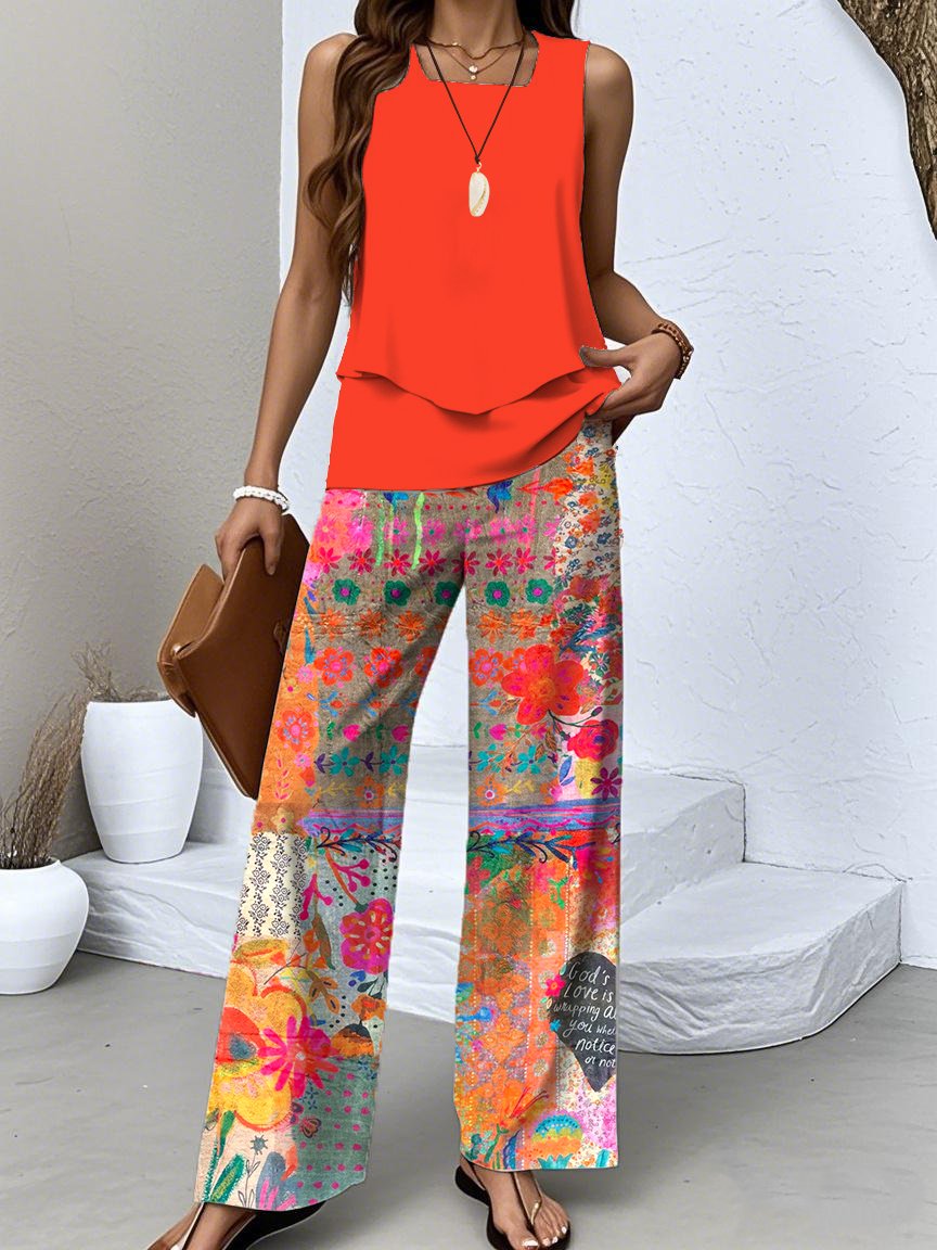 Damen Geblümt Zweiteiliges Set Täglich Ärmellos Lässig Sommer Bluse mit Hose Matching Set