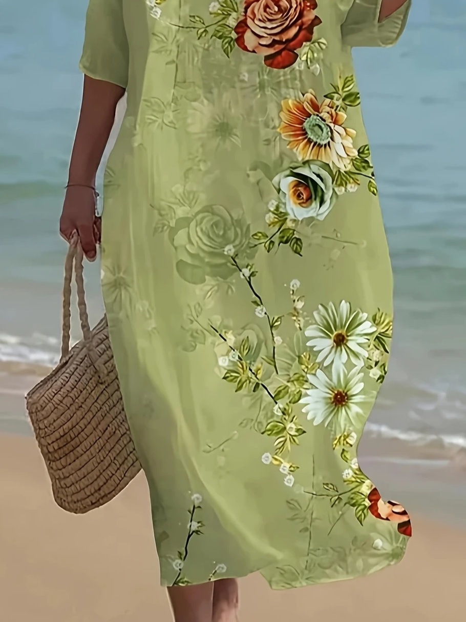 Damen Geblümt Halbarm Sommer Print Kleid Rundhals Täglich Lässig Maxikleid H-Linie Kleid